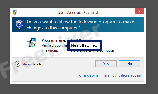 Screenshot where MusicNet, Inc. appears as the verified publisher in the UAC dialog